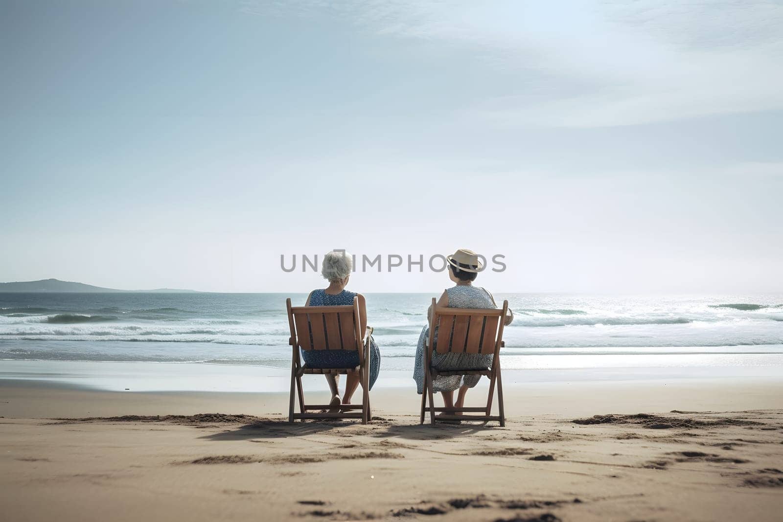 two women sitting on chairs at beach looking at sea horizon. Neural network generated in May 2023. Not based on any actual person, scene or pattern.