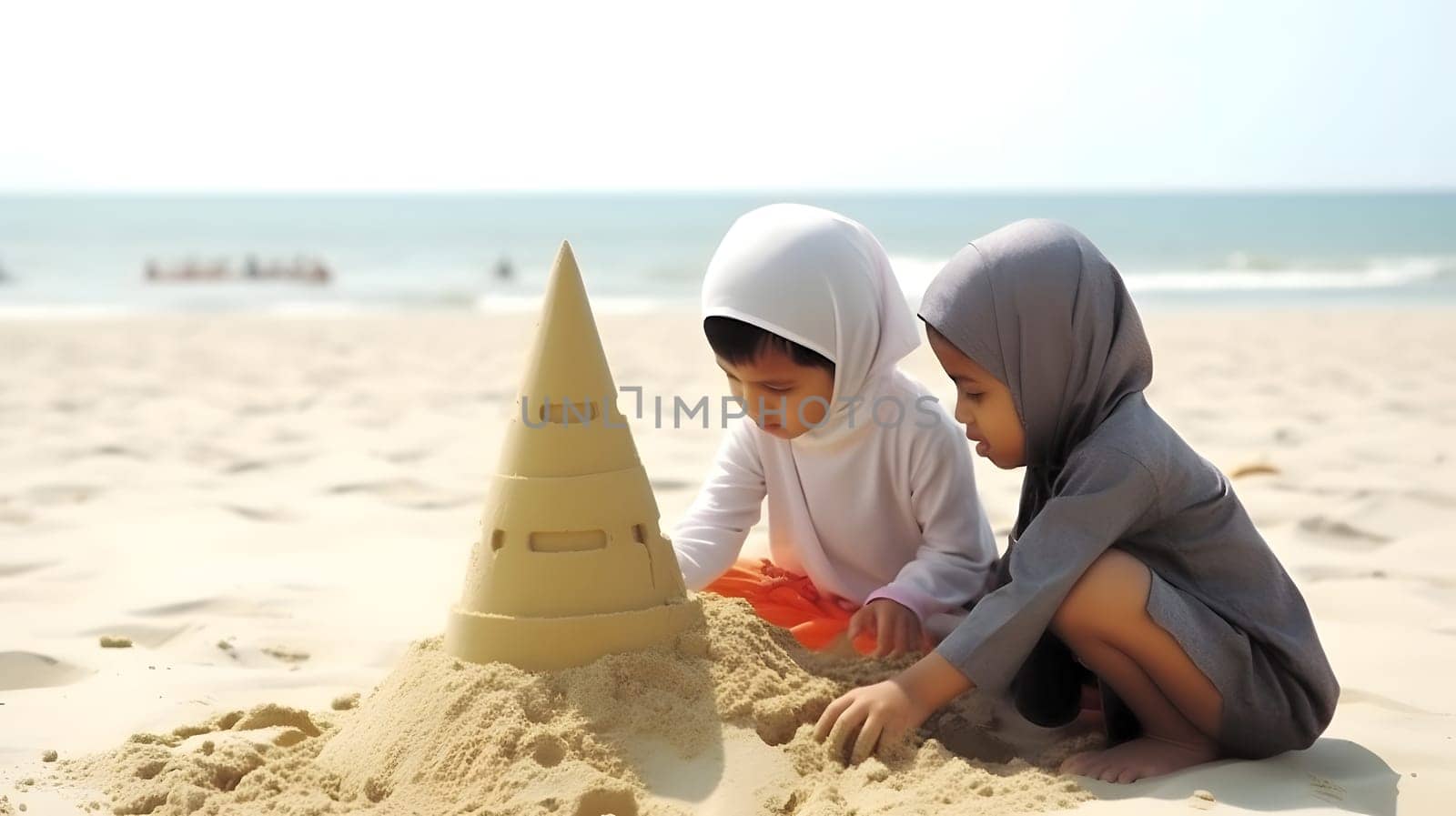 Muslim hildren making sand castles on the beach. Neural network generated in May 2023. Not based on any actual person, scene or pattern.