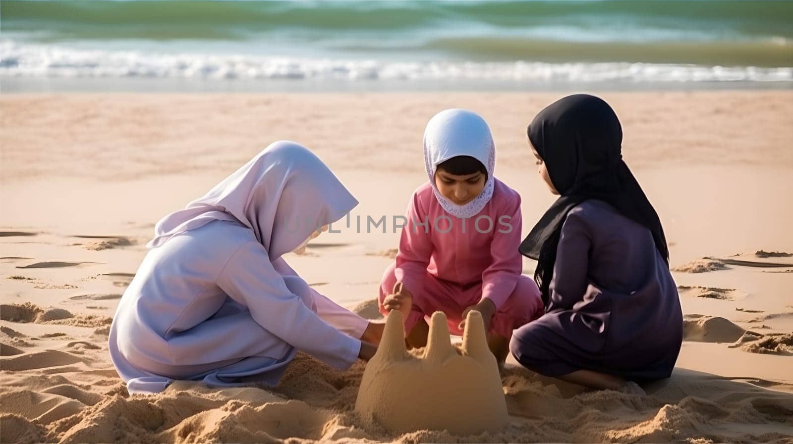 Muslim hildren making sand castles on the beach. Neural network generated in May 2023. Not based on any actual person, scene or pattern.