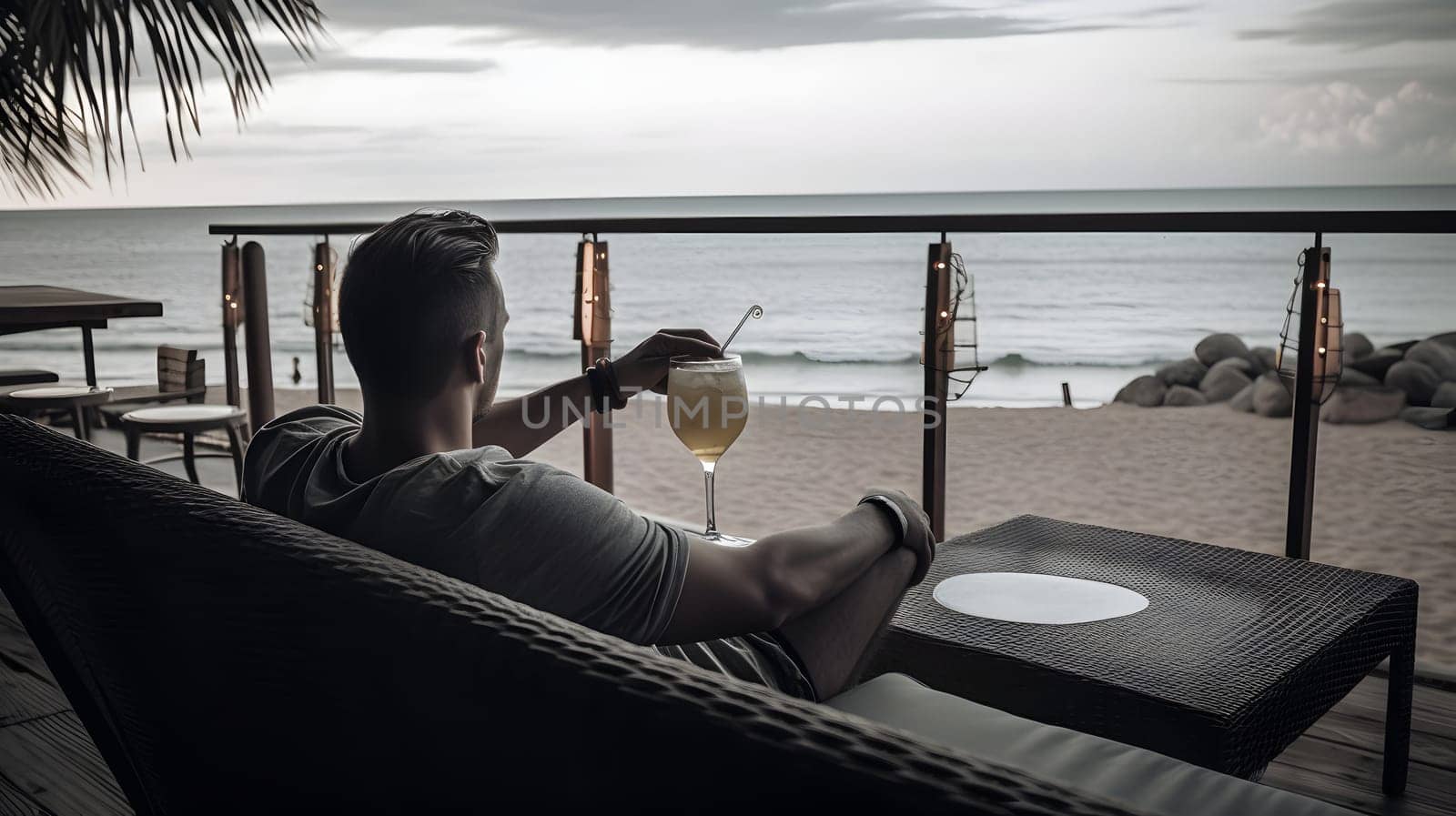 successful rich and beautiful caucasian man relaxing at summer beach resort with cocktail. Neural network generated in May 2023. Not based on any actual person or scene.