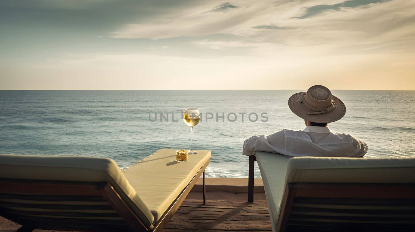 successful rich and beautiful caucasian man relaxing at summer beach resort with cocktail. Neural network generated in May 2023. Not based on any actual person or scene.