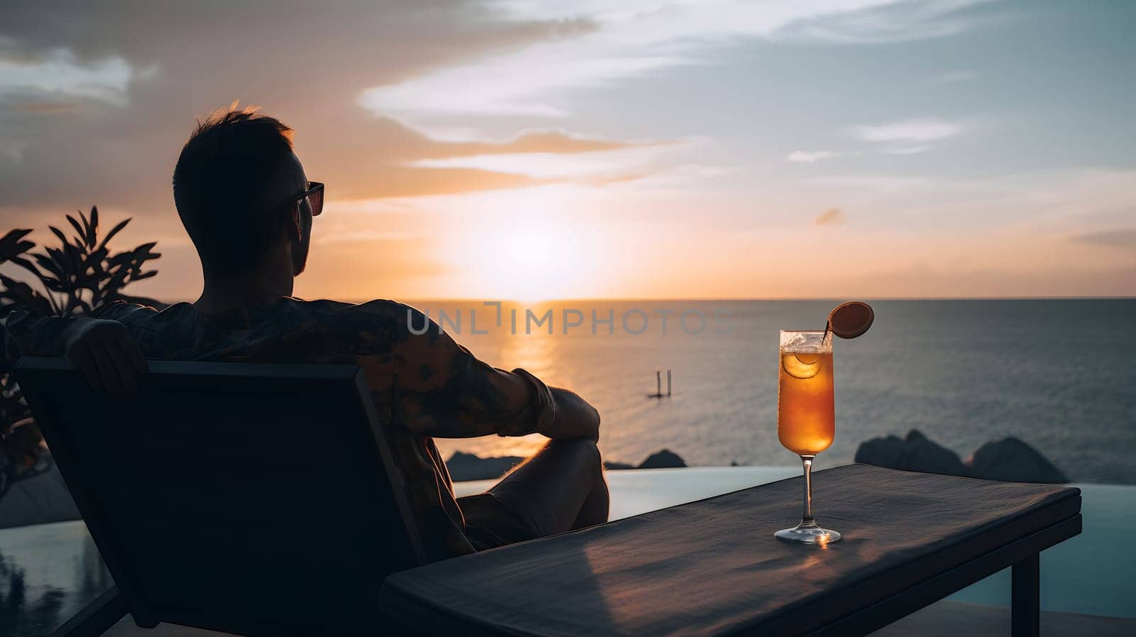 successful rich and beautiful caucasian man relaxing at summer beach resort with cocktail. Neural network generated in May 2023. Not based on any actual person or scene.