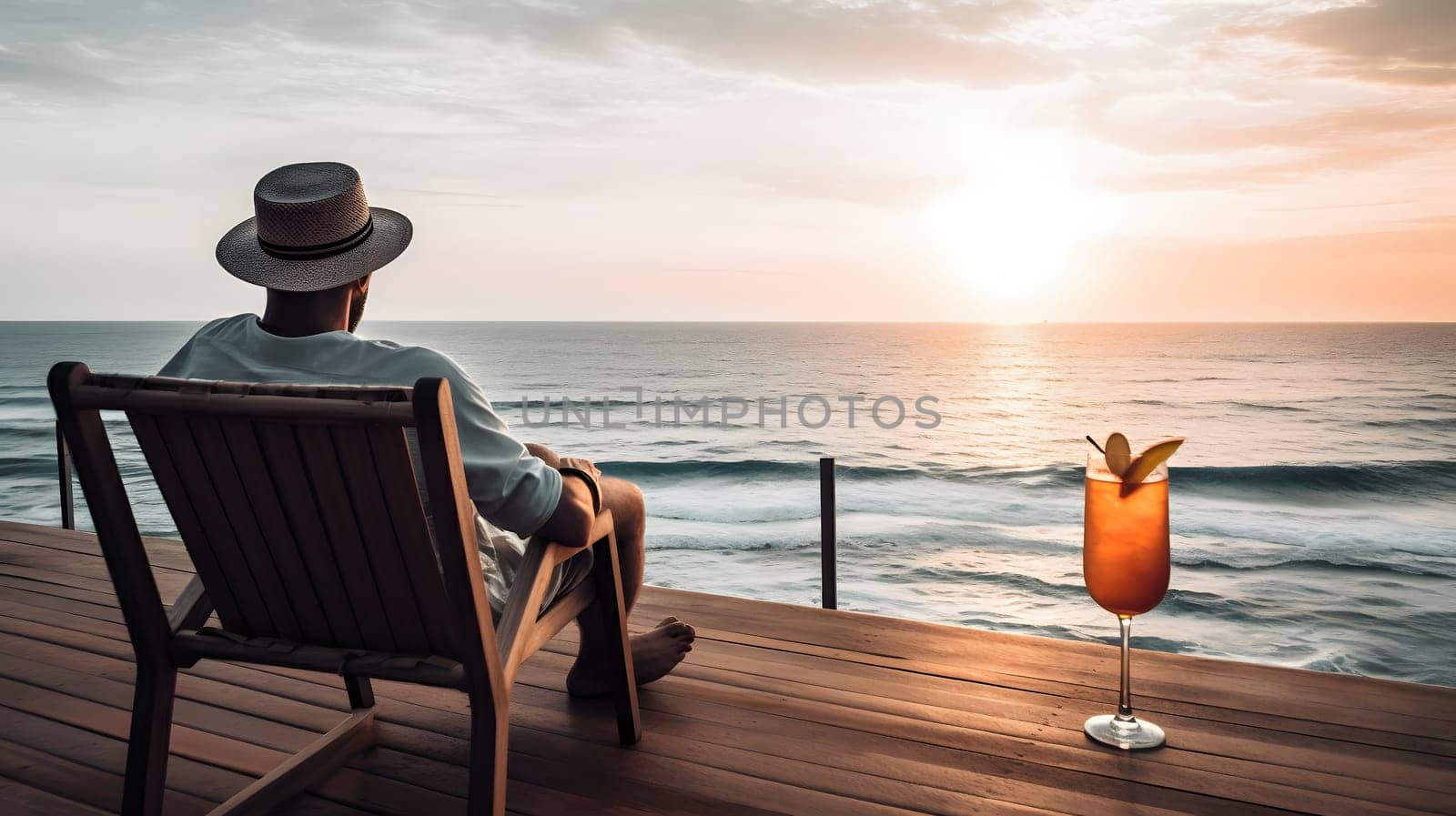 successful rich and beautiful caucasian man relaxing at summer beach resort with cocktail. Neural network generated in May 2023. Not based on any actual person or scene.