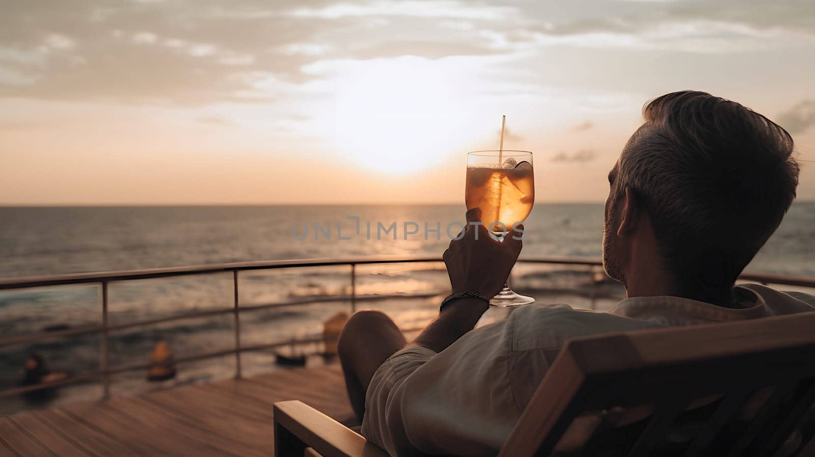 successful rich and beautiful caucasian man relaxing at summer beach resort with cocktail. Neural network generated in May 2023. Not based on any actual person or scene.