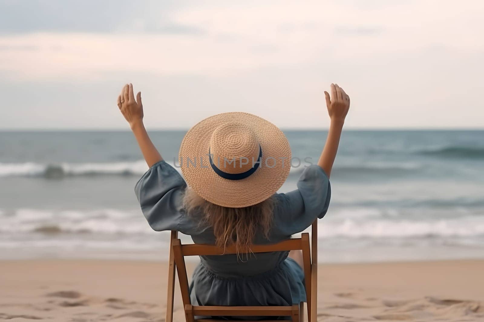 Summer beach vacation concept. Back view of woman in sun hat with rised hands on sunbed. Neural network generated in May 2023. Not based on any actual person, scene or pattern.