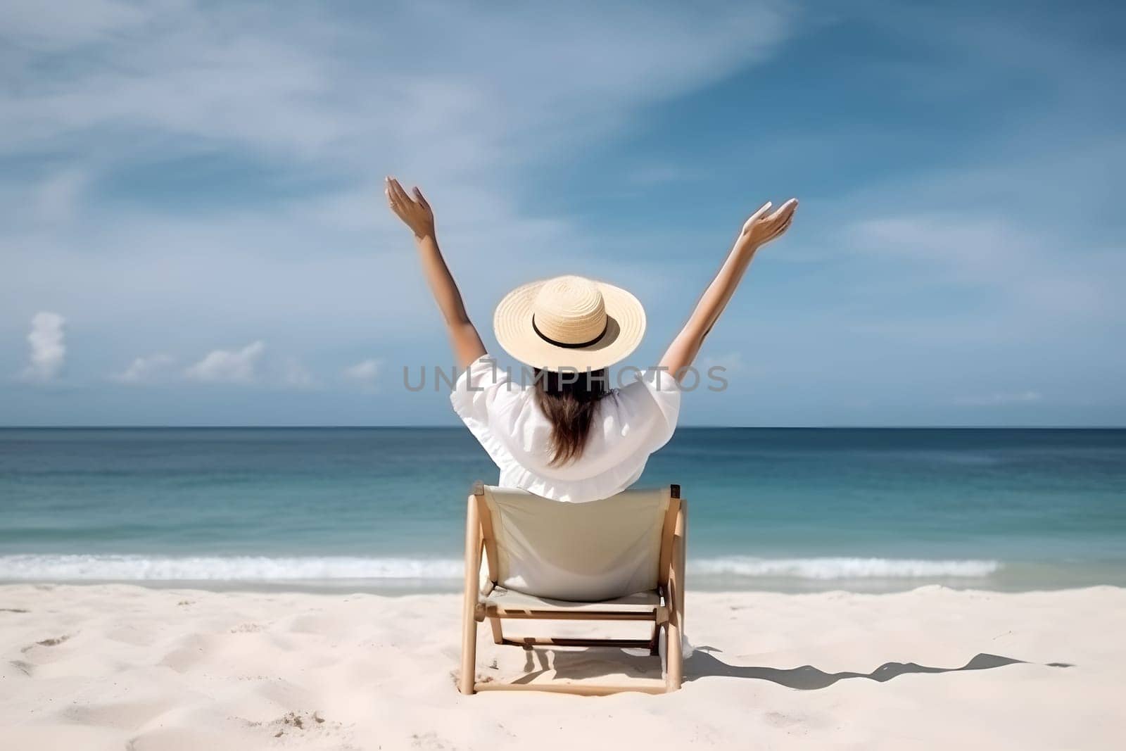 Summer beach vacation concept. Back view of woman in sun hat with rised hands on sunbed. Neural network generated in May 2023. Not based on any actual person, scene or pattern.