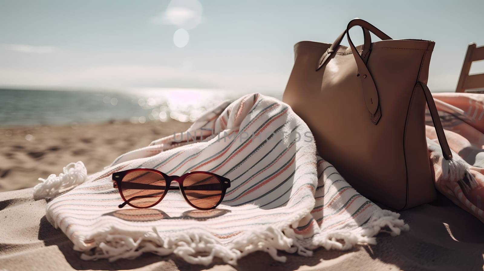 summer vacation scene on sunny sand beach with towel and sunglasses. Neural network generated in May 2023. Not based on any actual person, scene or pattern.