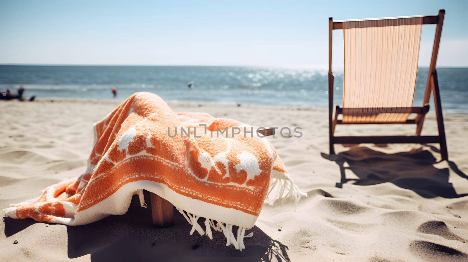 summer vacation scene on sunny sand beach with towel and sunglasses. Neural network generated in May 2023. Not based on any actual person, scene or pattern.