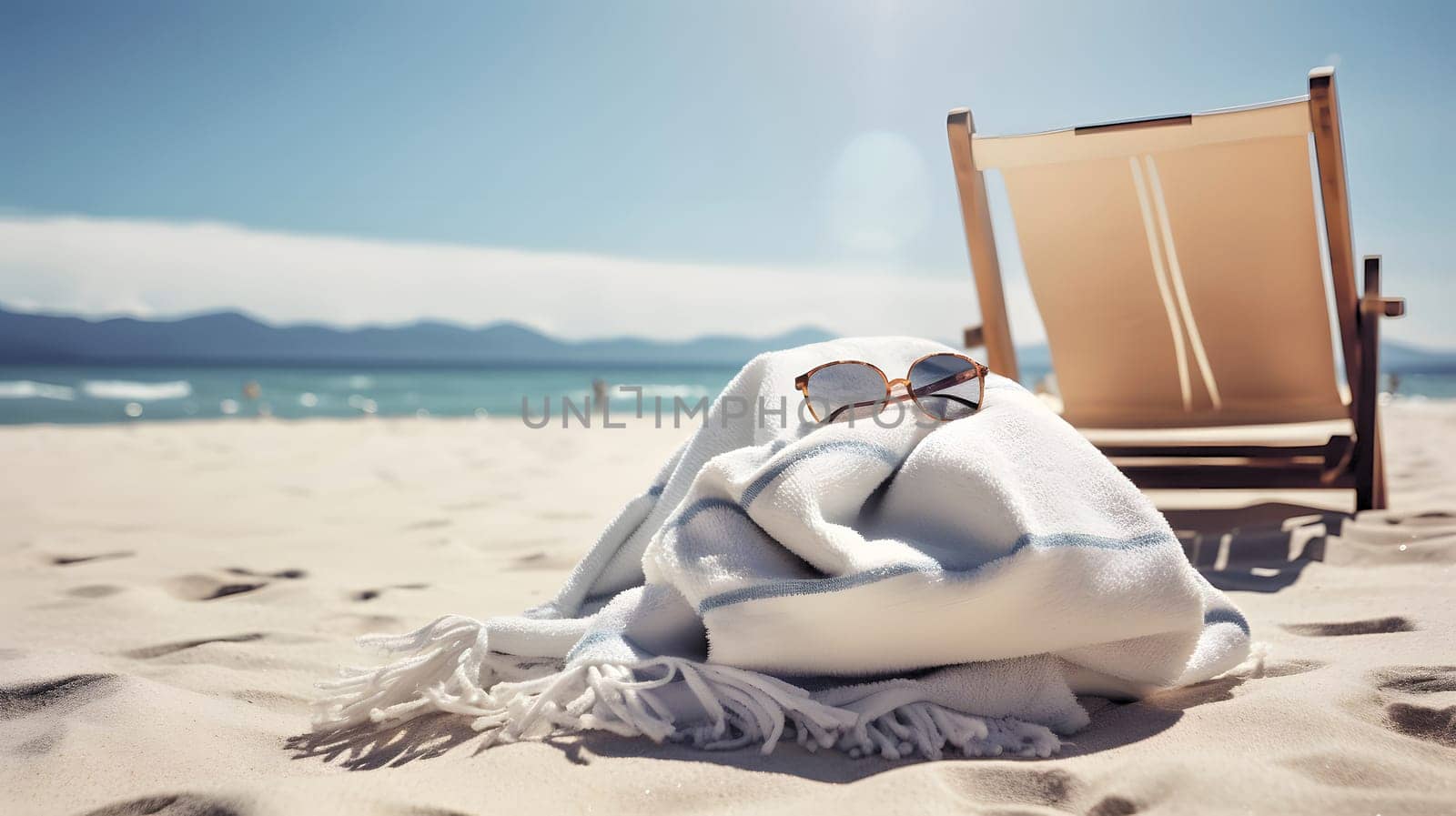 summer vacation scene on sunny sand beach with towel and sunglasses. Neural network generated in May 2023. Not based on any actual person, scene or pattern.