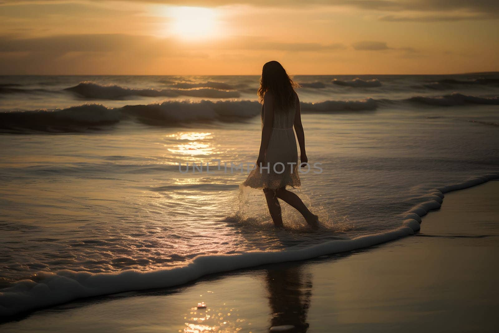 young romantic caucasian blonde long-haired woman in light white dress walking on sunset beach surf. Neural network generated in May 2023. Not based on any actual person, scene or pattern.