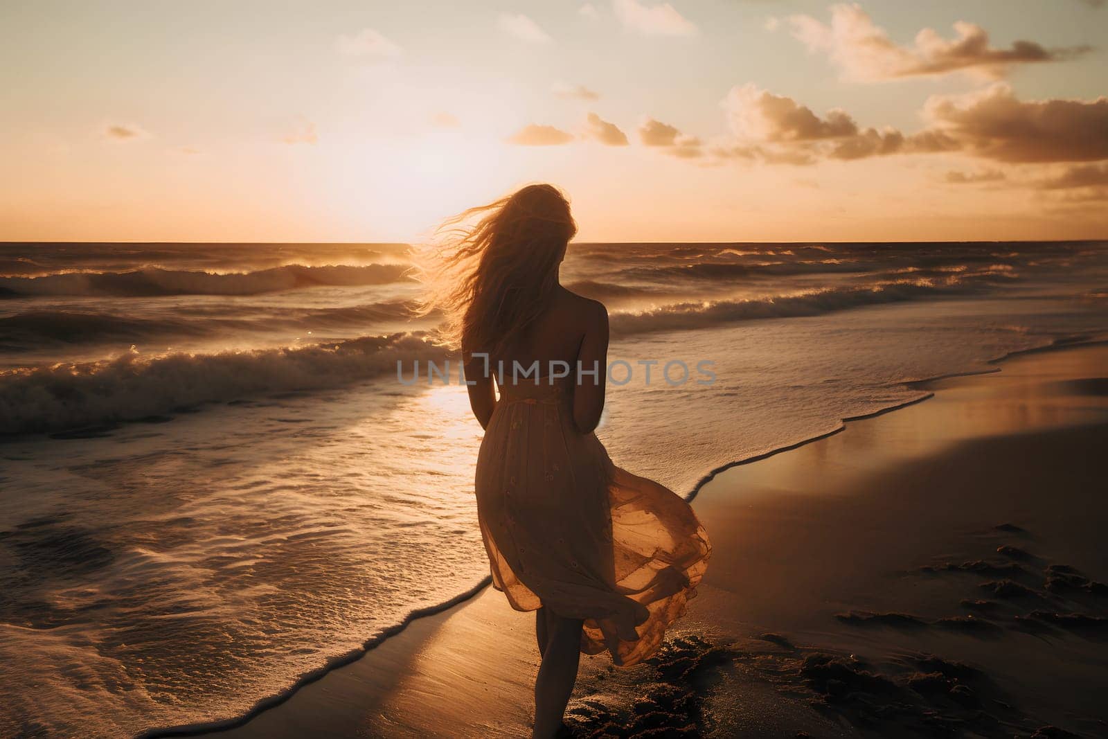 young romantic caucasian blonde long-haired woman in light white dress walking on sunset beach surf. Neural network generated in May 2023. Not based on any actual person, scene or pattern.