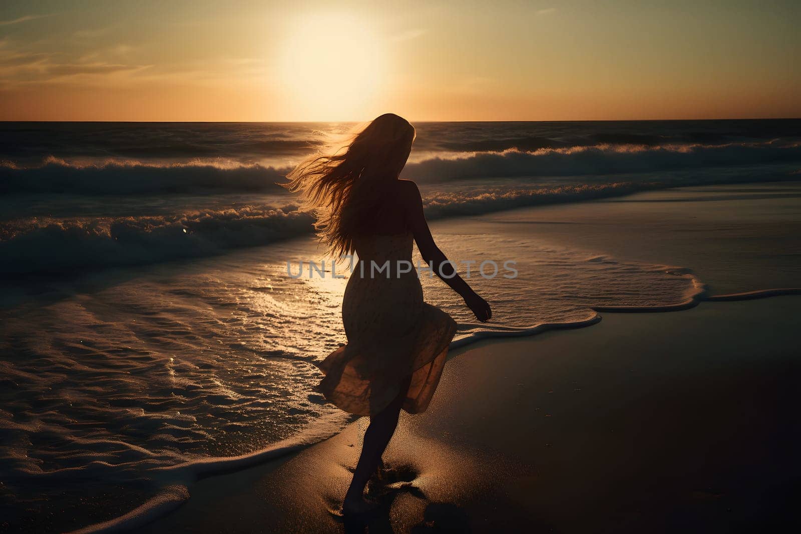 young caucasian blonde long-haired woman in light white dress walking on sunset beach surf, neural network generated art by z1b