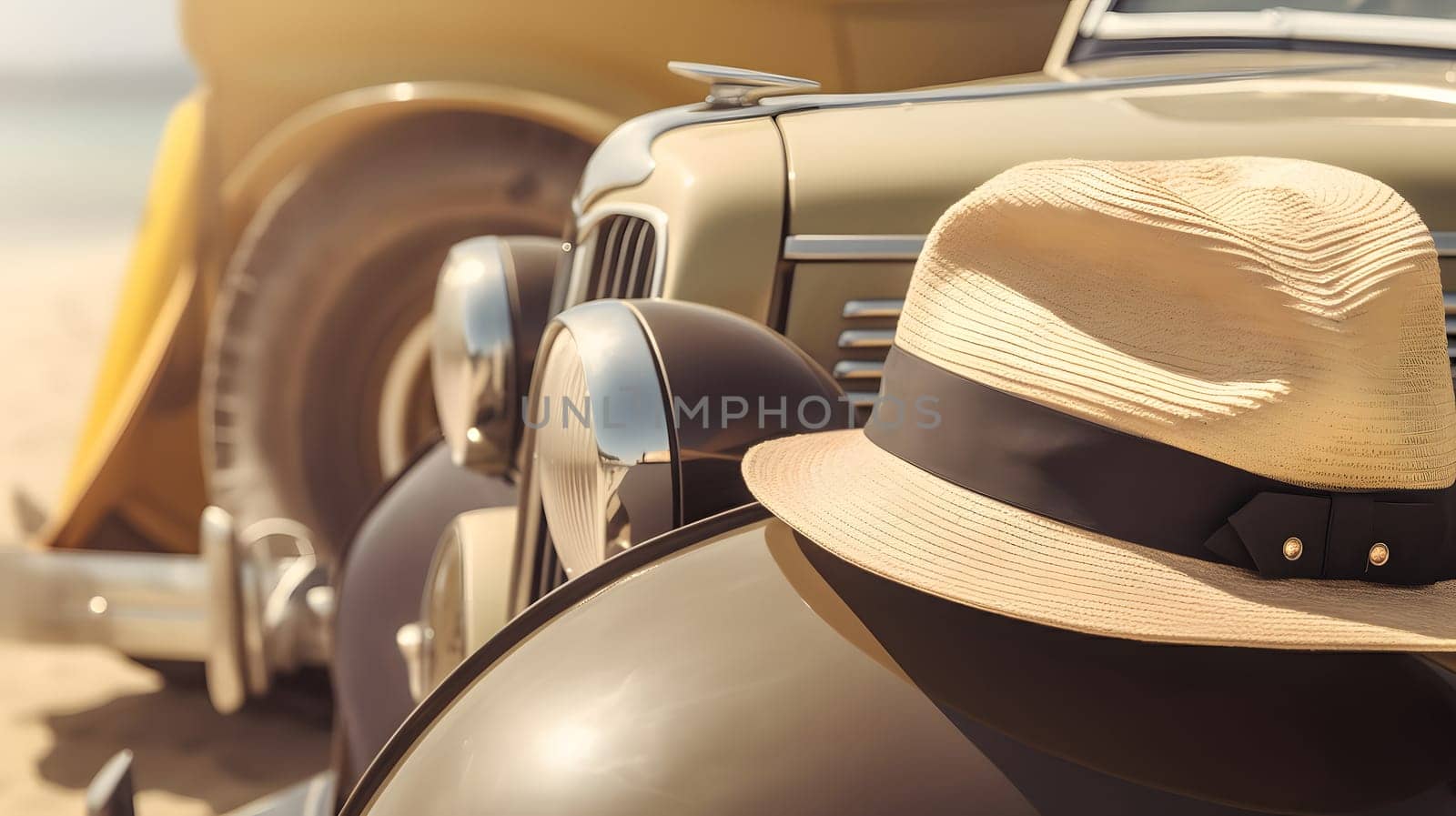 vintage car parked on beach with sun hat on fender. Neural network generated in May 2023. Not based on any actual person, scene or pattern.