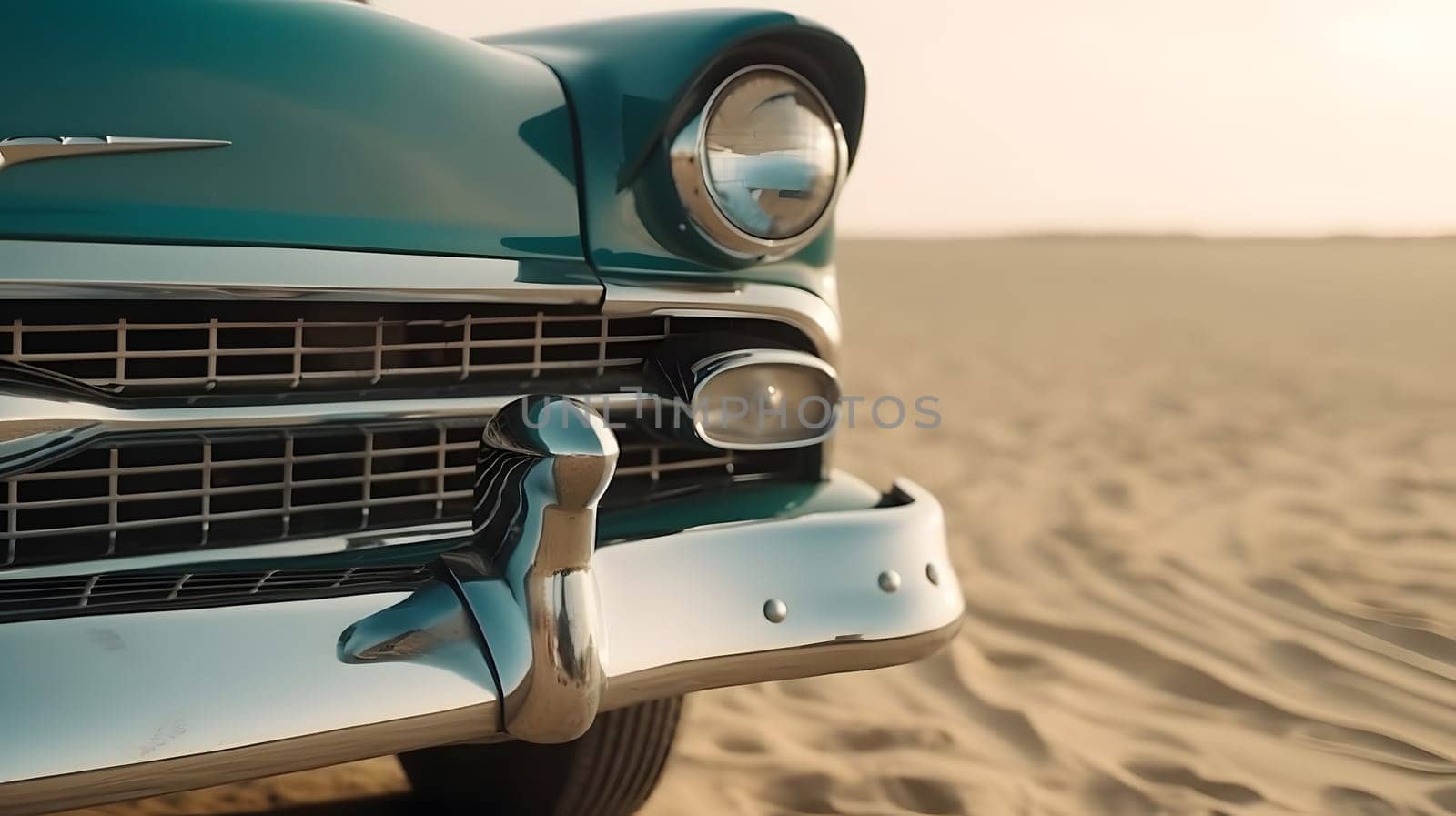 Vintage car parked on beach at sunny day. Neural network generated in May 2023. Not based on any actual person, scene or pattern.