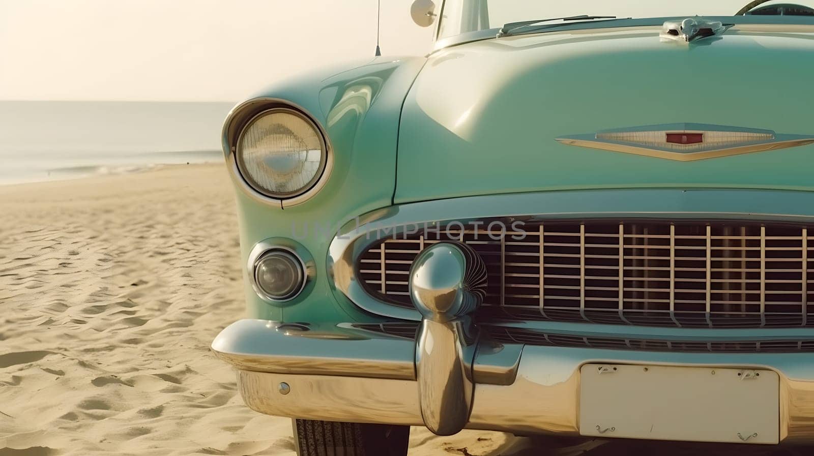 Vintage car parked on beach at sunny day. Neural network generated in May 2023. Not based on any actual person, scene or pattern.