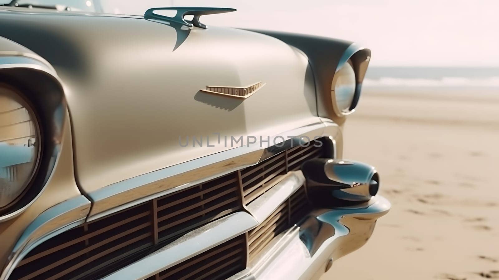 Vintage car parked on beach at sunny day. Neural network generated in May 2023. Not based on any actual person, scene or pattern.