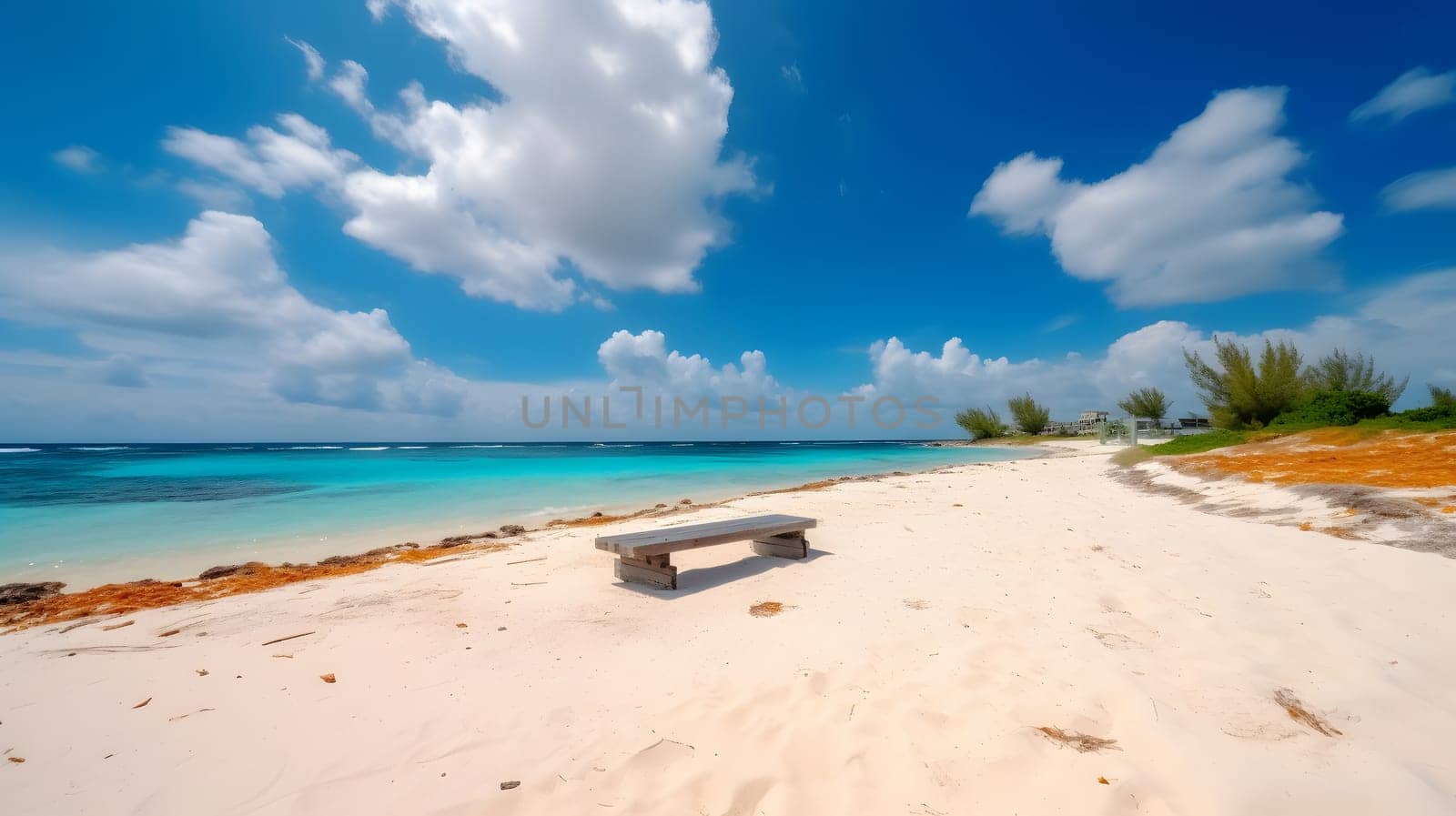 tropical beach with white sand, blue sky and turquoise water. Neural network generated in May 2023. Not based on any actual person, scene or pattern.