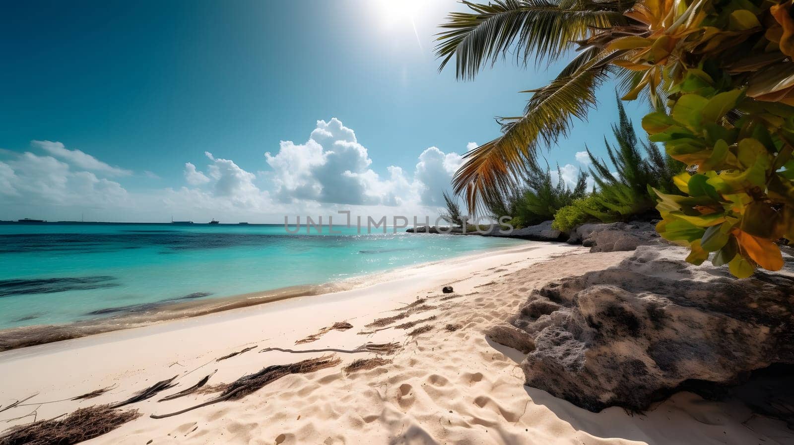 tropical beach with white sand, blue sky and turquoise water. Neural network generated in May 2023. Not based on any actual person, scene or pattern.