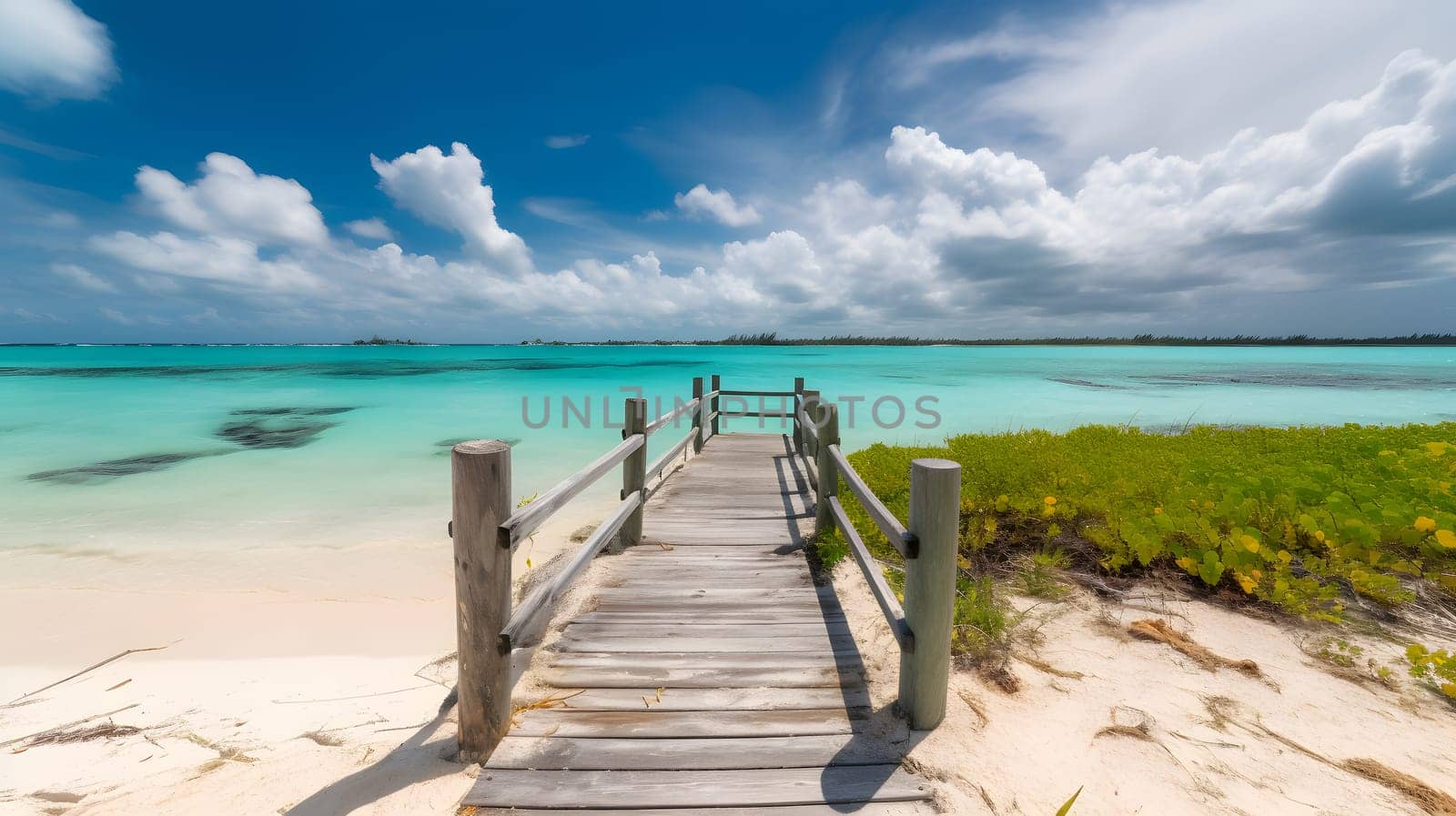 tropical beach with white sand, blue sky and turquoise water. Neural network generated in May 2023. Not based on any actual person, scene or pattern.