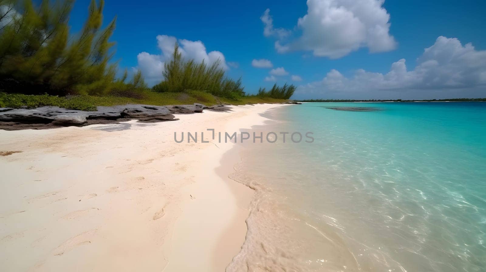 tropical beach with white sand, blue sky and turquoise water. Neural network generated in May 2023. Not based on any actual person, scene or pattern.