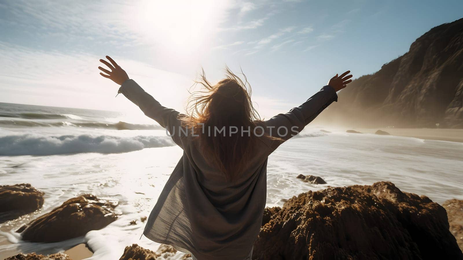 woman standing with rised hands in front of rocky sea shore with waves and splashes. Neural network generated in May 2023. Not based on any actual person, scene or pattern.