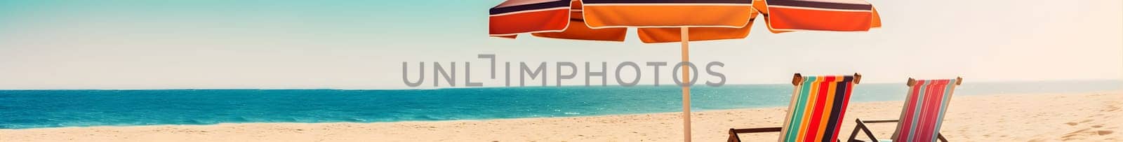 Beach umbrella with chairs on the sand beach - summer vacation theme header, neural network generated art by z1b