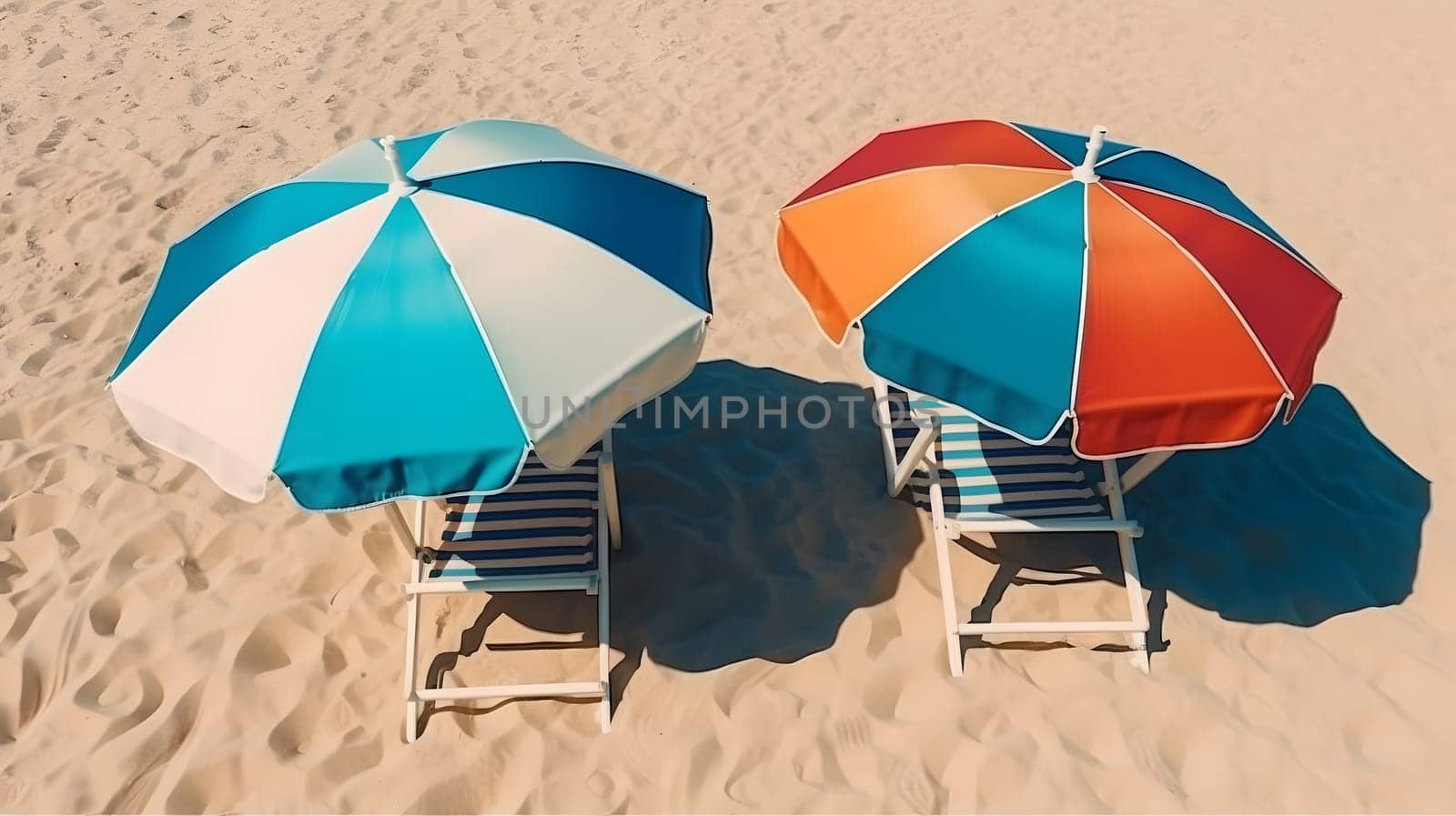 two beach umbrellas with two chairs on the sand beach - summer vacation theme header. Neural network generated in May 2023. Not based on any actual person, scene or pattern.