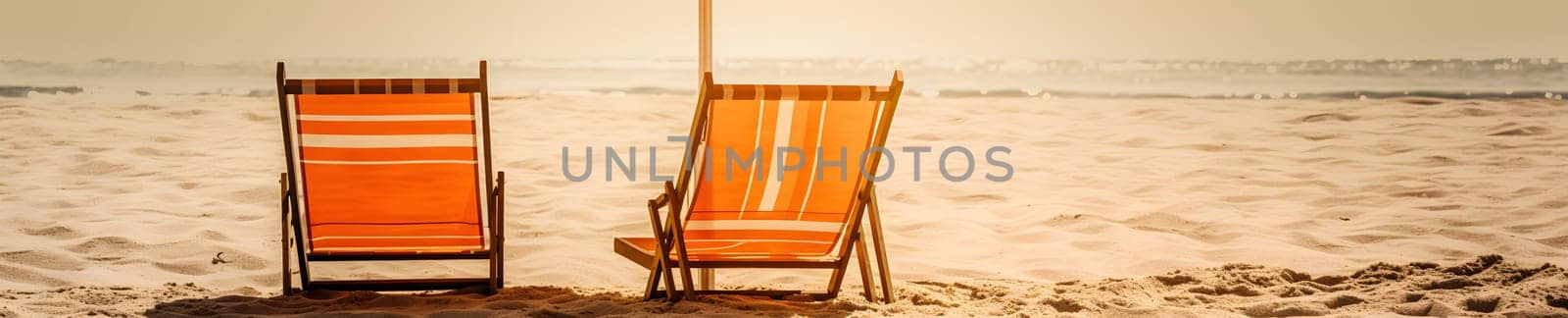 Beach umbrella with chairs on the sand beach - summer vacation theme header, neural network generated art by z1b