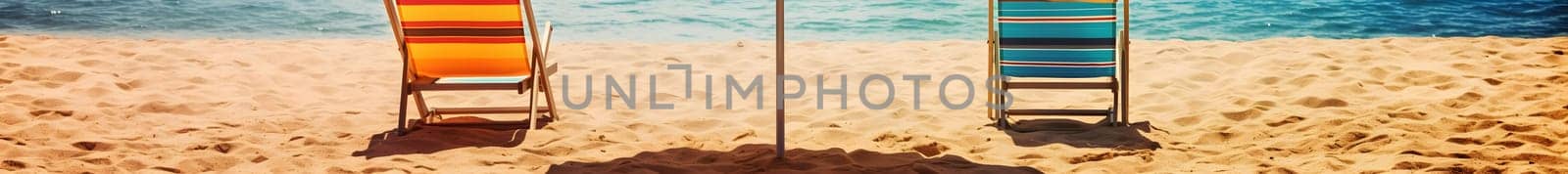 Beach umbrella with chairs on the sand beach - summer vacation theme header, neural network generated art by z1b