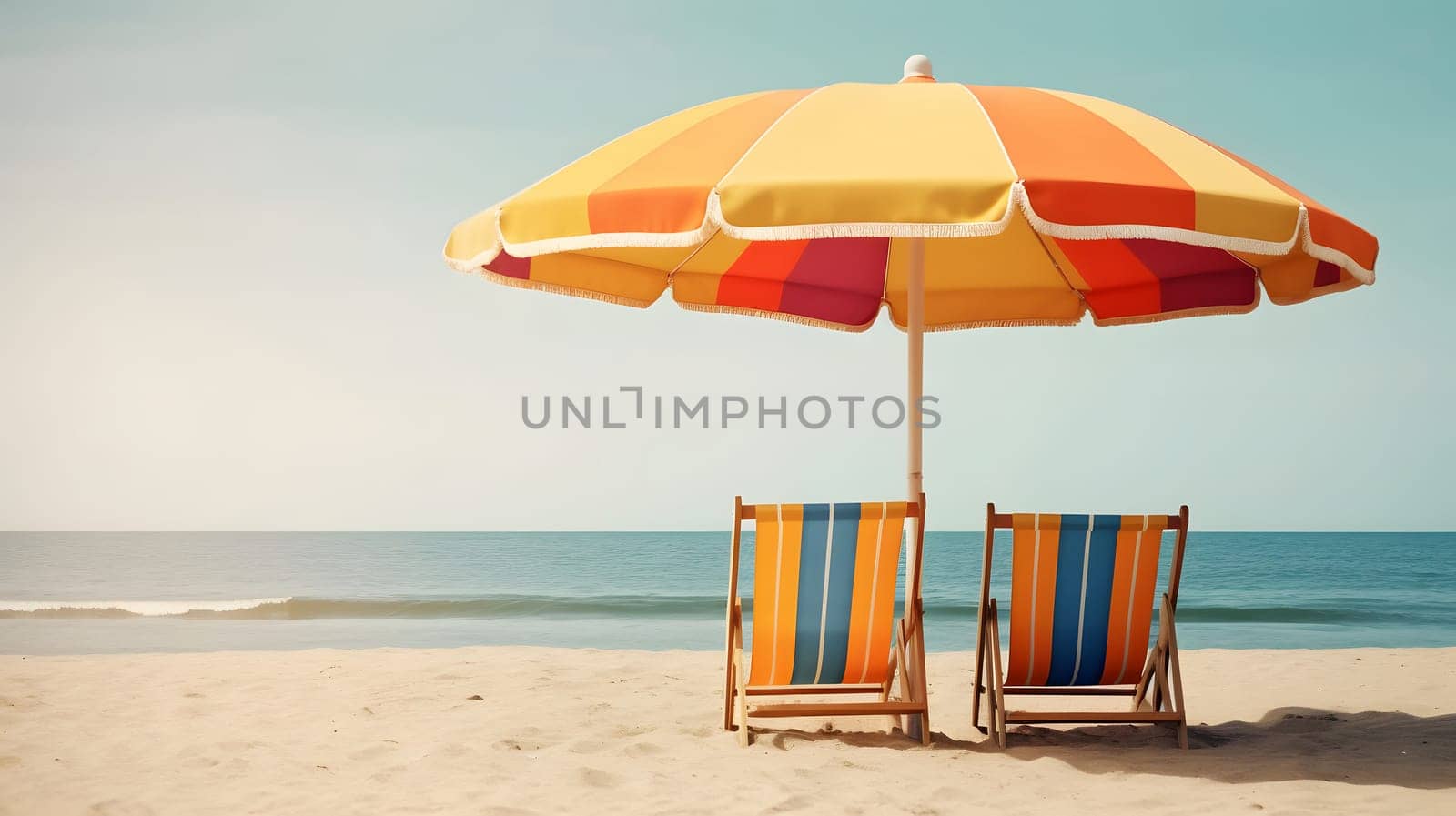 Beach umbrella with two chairs on the sand beach - summer vacation theme header. Neural network generated in May 2023. Not based on any actual person, scene or pattern.