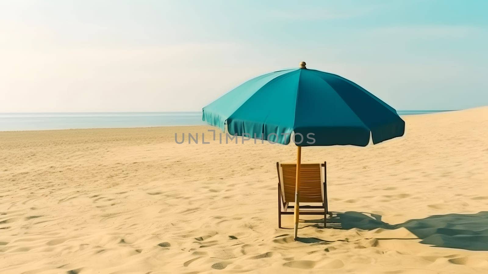 Blue beach umbrella with chair on the sand beach - summer vacation theme header, neural network generated art by z1b