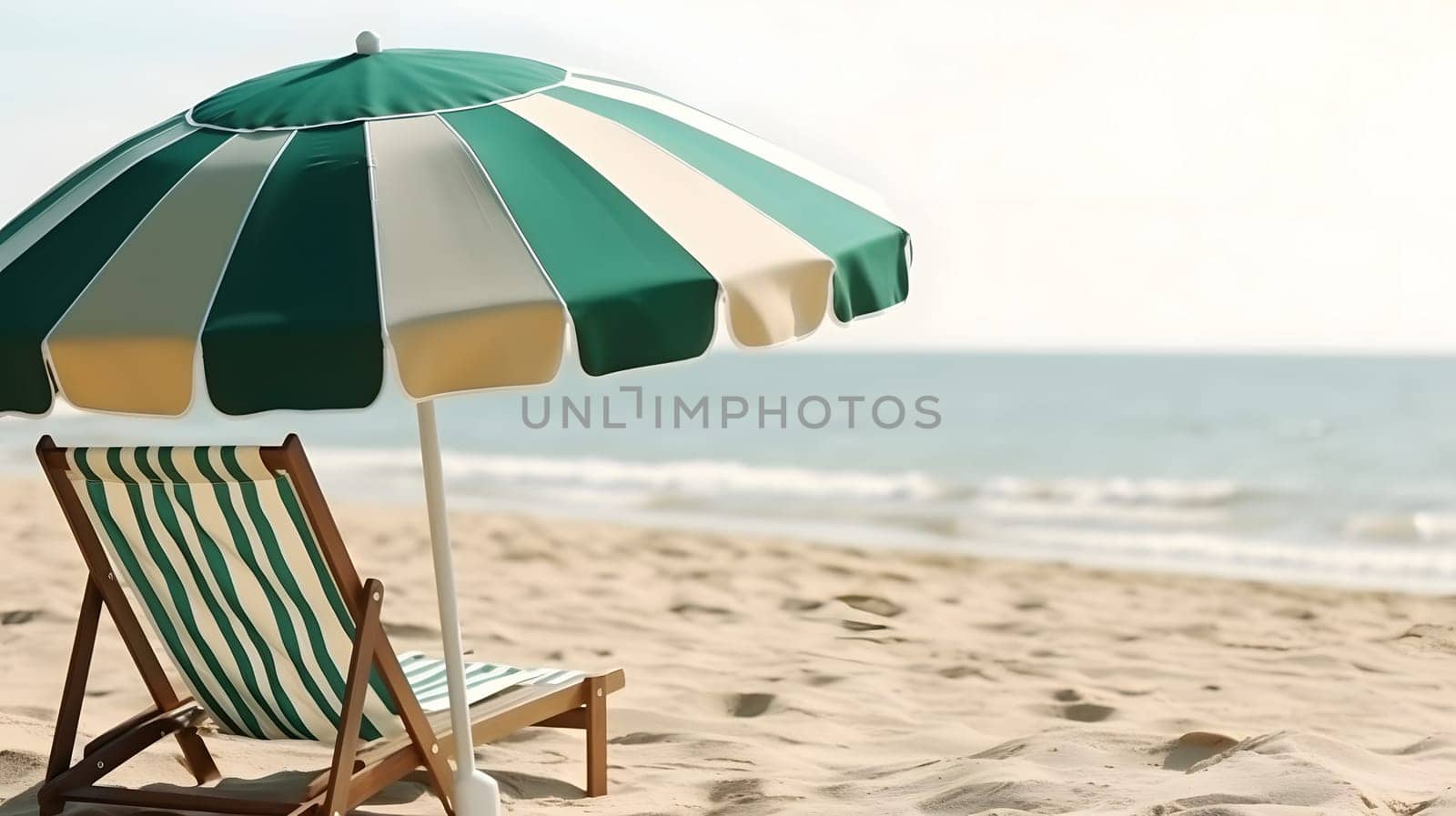 Beach umbrella with chair on the sand beach - summer vacation theme header. Neural network generated in May 2023. Not based on any actual person, scene or pattern.