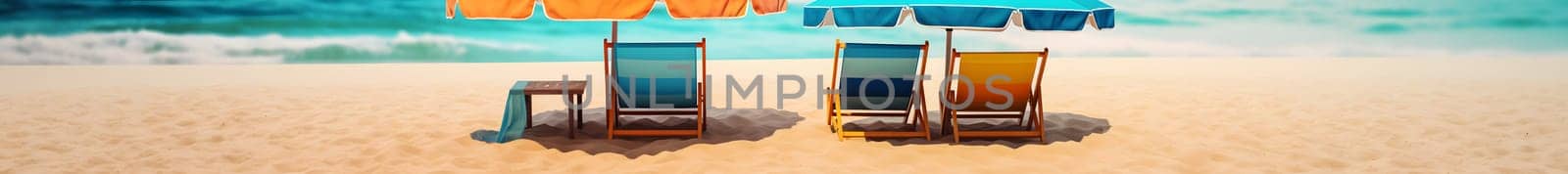 Beach umbrella with chairs on the sand beach - summer vacation theme header. Neural network generated in May 2023. Not based on any actual person, scene or pattern.