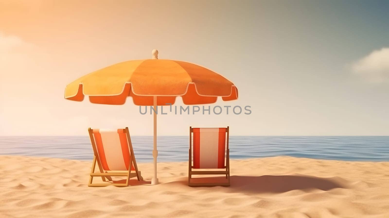 Orange beach umbrella with chairs on the sand beach - summer vacation theme header. Neural network generated in May 2023. Not based on any actual person, scene or pattern.