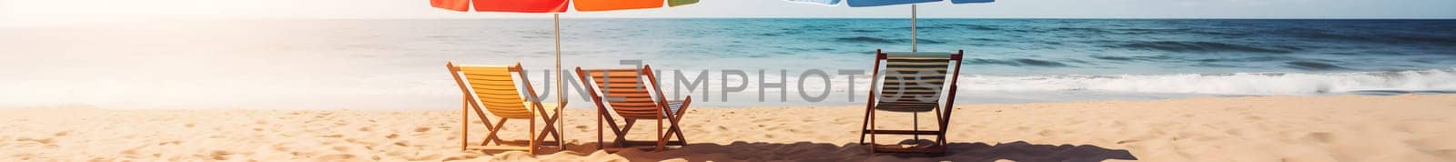 Beach umbrella with chairs on the sand beach - summer vacation theme header. Neural network generated in May 2023. Not based on any actual person, scene or pattern.