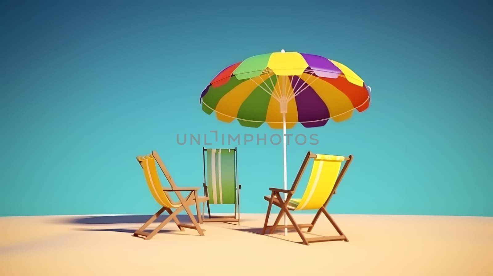 Beach umbrella with chairs on the sand beach - summer vacation theme header, neural network generated art by z1b