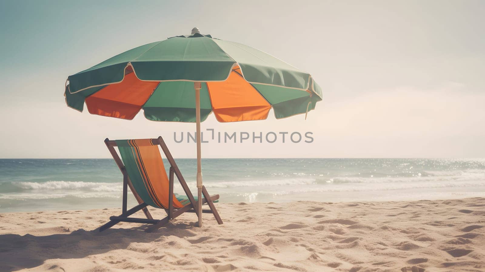 Beach umbrella with chair on the sand beach - summer vacation theme header. Neural network generated in May 2023. Not based on any actual person, scene or pattern.