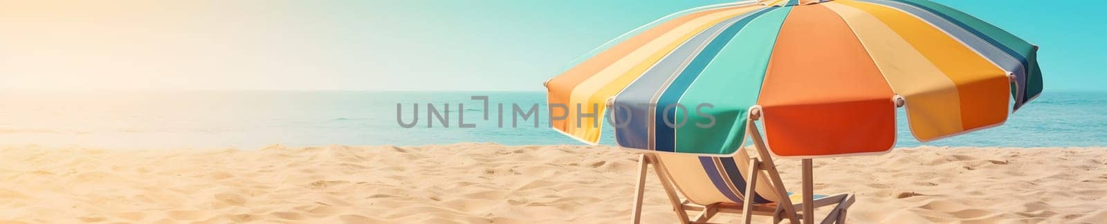 Beach umbrella with chairs on the sand beach - summer vacation theme header. Neural network generated in May 2023. Not based on any actual person, scene or pattern.