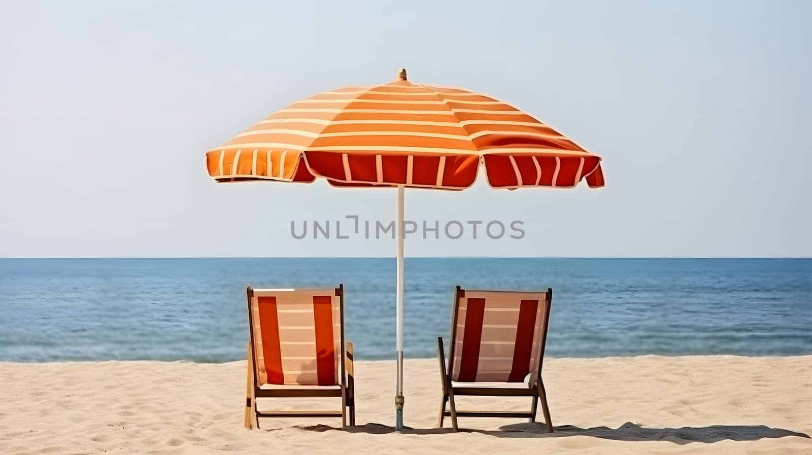 Beach umbrella with chairs on the sand beach - summer vacation theme header. Neural network generated in May 2023. Not based on any actual person, scene or pattern.