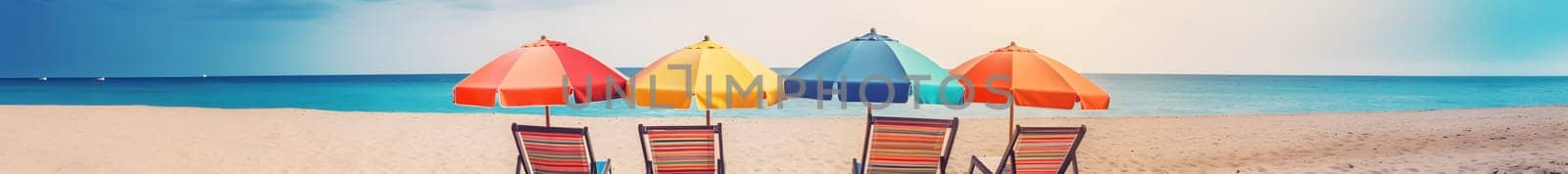 Beach umbrellas with chairs on the sand beach - summer vacation theme header. Neural network generated in May 2023. Not based on any actual person, scene or pattern.