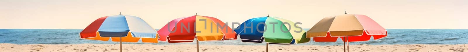 Beach umbrellas on the sand beach - summer vacation theme header, neural network generated art by z1b