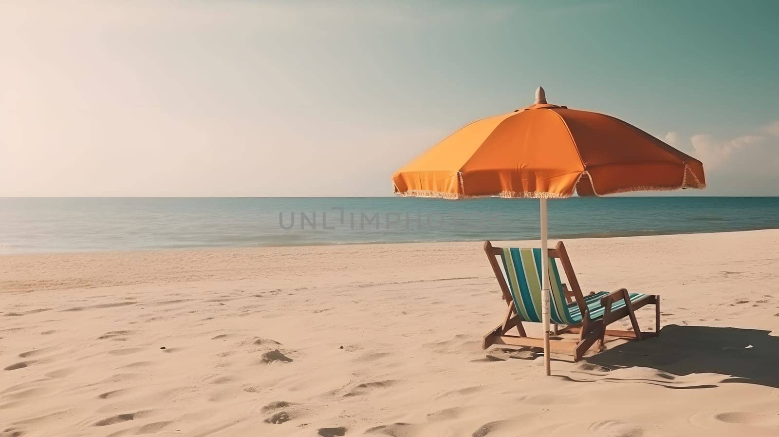 Beach umbrella with chair on the sand beach. Neural network generated in May 2023. Not based on any actual person, scene or pattern.