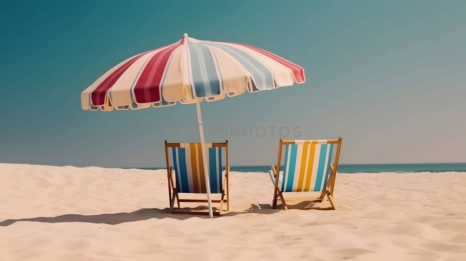 Beach umbrella with chairs on the sand beach. Neural network generated in May 2023. Not based on any actual person, scene or pattern.