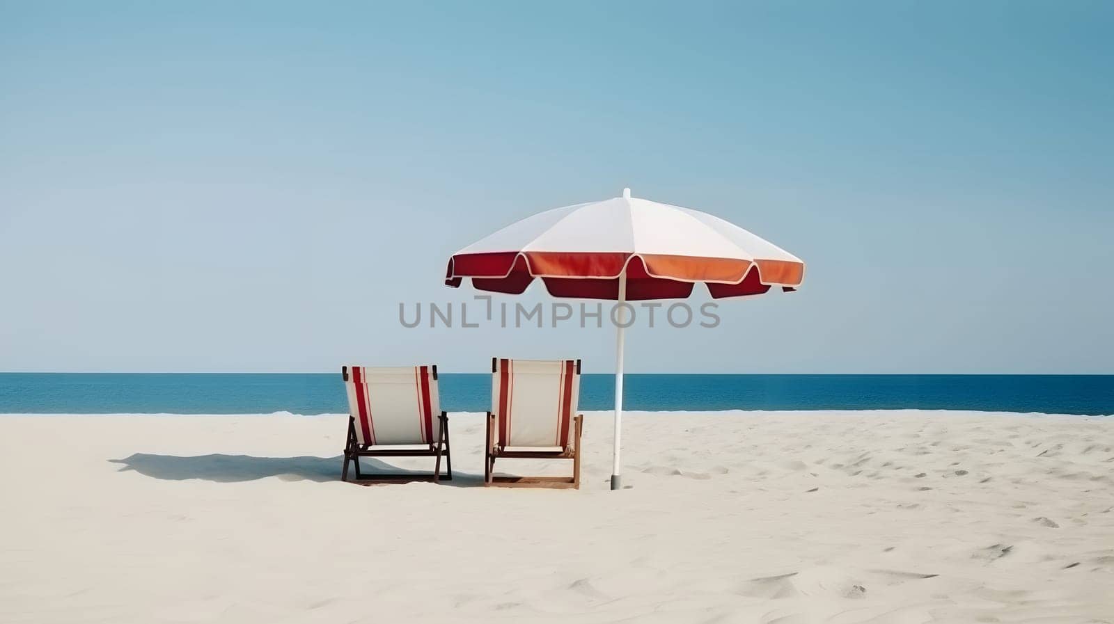 Beach umbrella with chairs on the sand beach - summer vacation theme header. Neural network generated in May 2023. Not based on any actual person, scene or pattern.