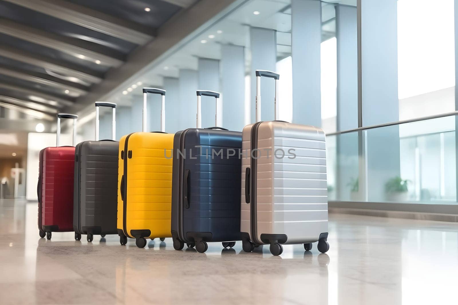 Few silver gray luggage suitcases in airport. Neural network generated in May 2023. Not based on any actual person, scene or pattern.