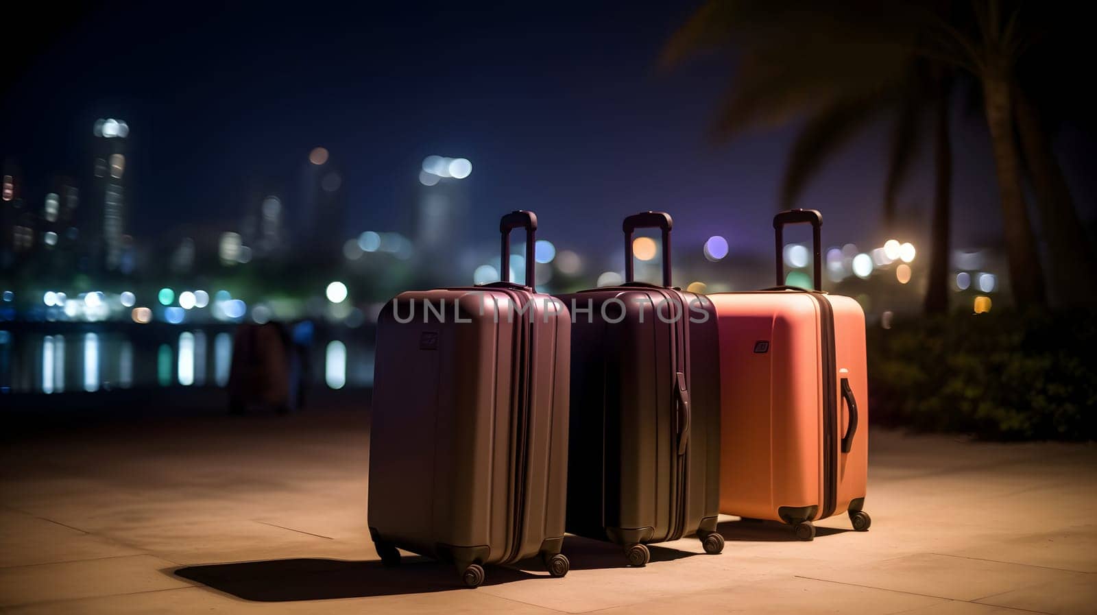 Few modern suitcases on tropical resort beach at night. Neural network generated in May 2023. Not based on any actual person, scene or pattern.