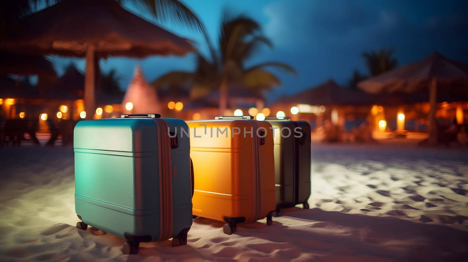 Few modern suitcases on tropical resort beach at night. Neural network generated in May 2023. Not based on any actual person, scene or pattern.