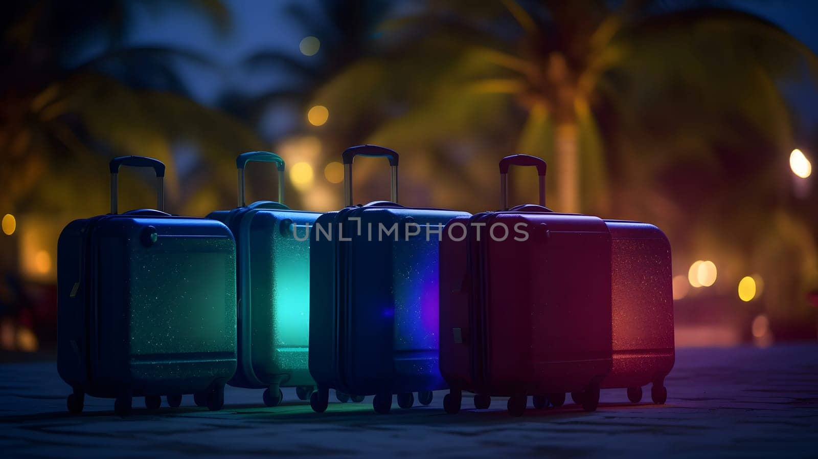 Few modern suitcases on tropical resort beach at night. Neural network generated in May 2023. Not based on any actual person, scene or pattern.