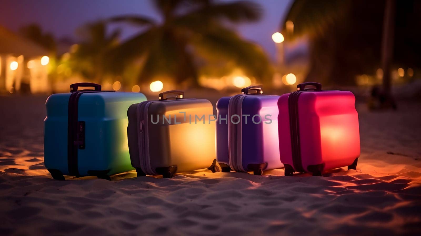 Few modern suitcases on tropical resort beach at night. Neural network generated in May 2023. Not based on any actual person, scene or pattern.