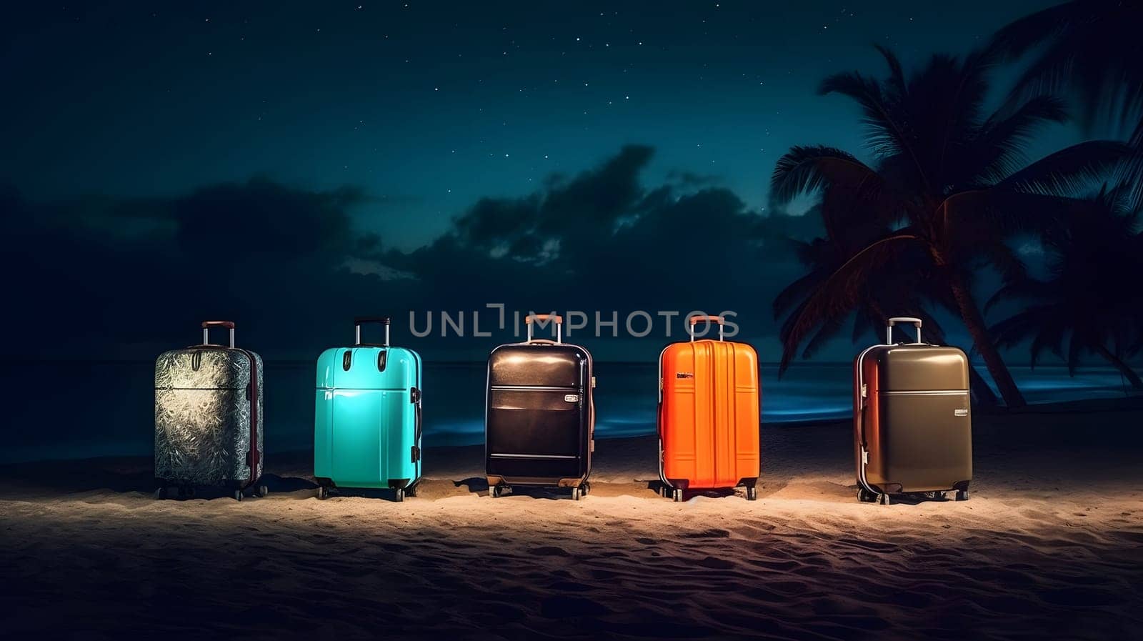 Few modern suitcases on tropical resort beach at night. Neural network generated in May 2023. Not based on any actual person, scene or pattern.